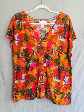 C&C California Linen Lyocell Blend Orange Tropical Print Button-Front Shirt